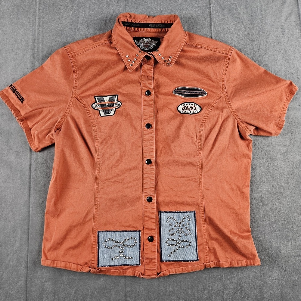 Harley-Davidson Women's XL Orange Studded Button Up Shirt Short Sleeve Patches
